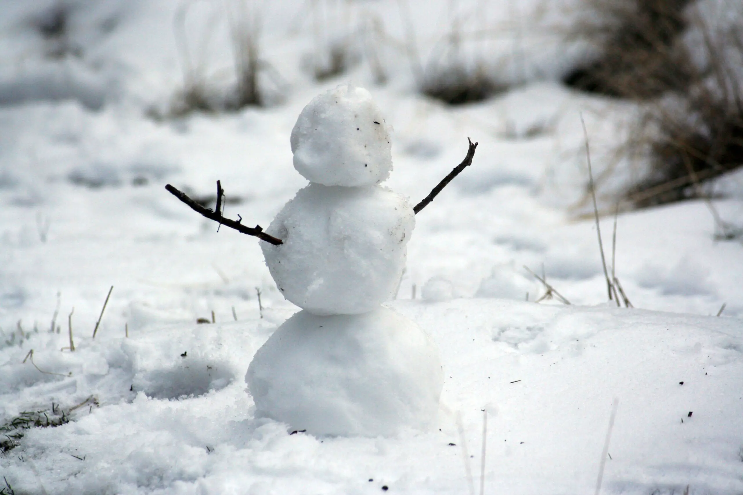 Ein Schneemann aus drei Kugeln mit Armen aus Zweigen