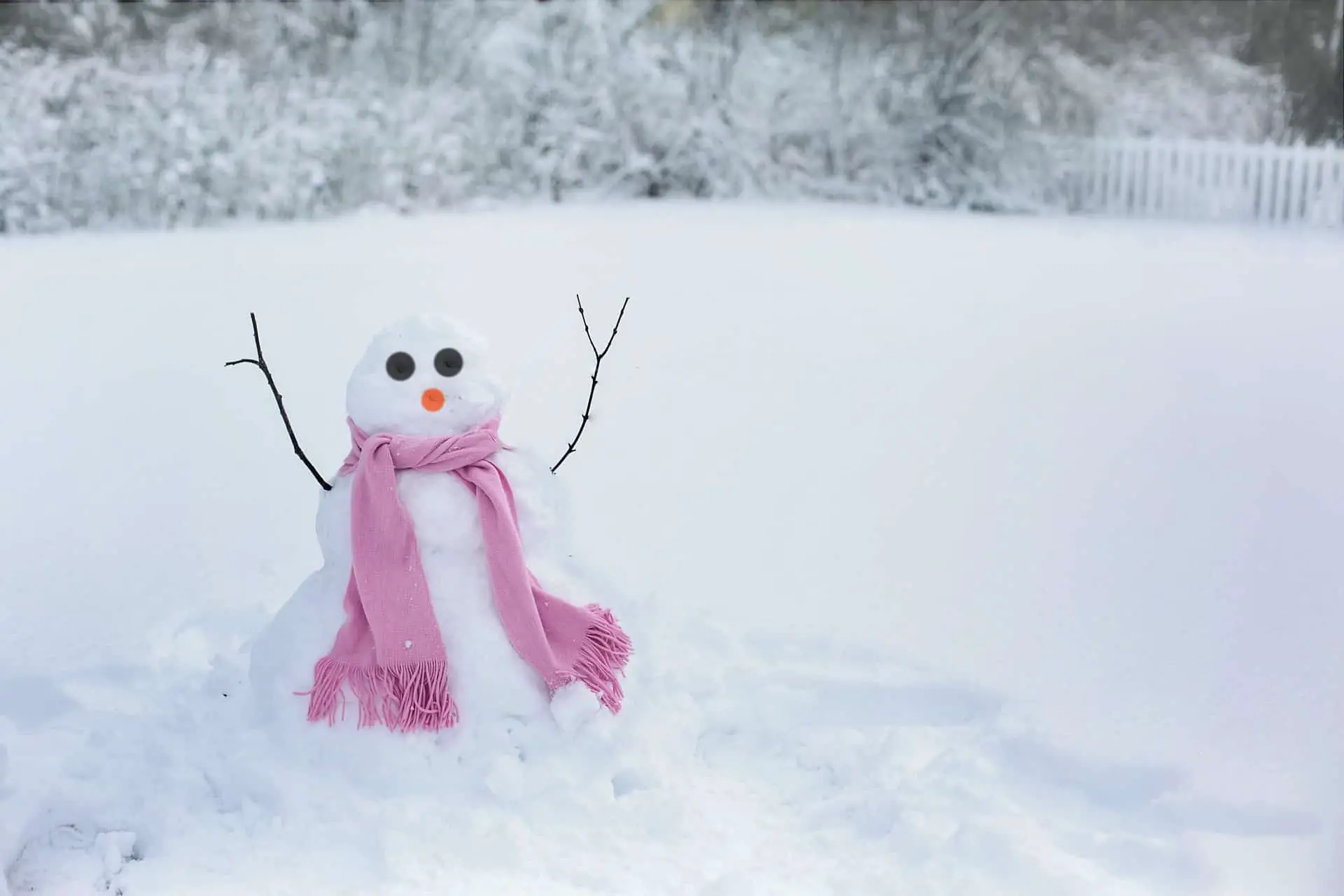 Ein glücklich wirkender Schneemann mit rosa Schal und nach oben gestreckten Armen aus Zweigen